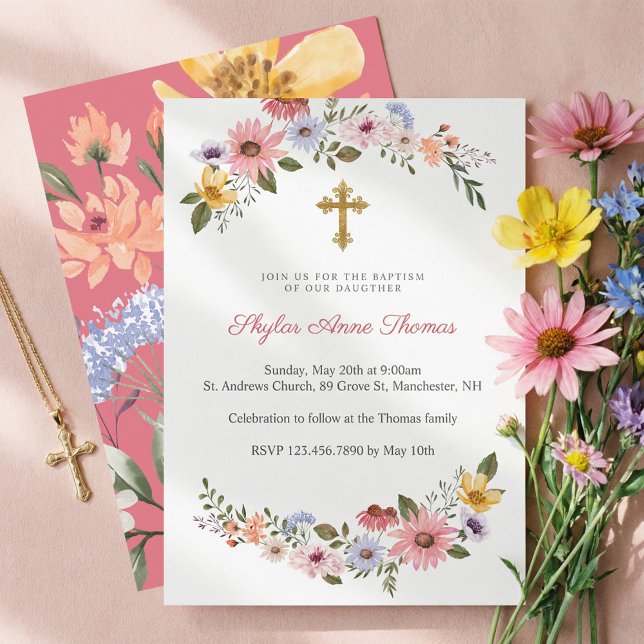 Invitation Aquarelle Fleur sauvage Floral Wreath Baptême (Watercolor Wildflower Floral Wreath Baptism Invitation)