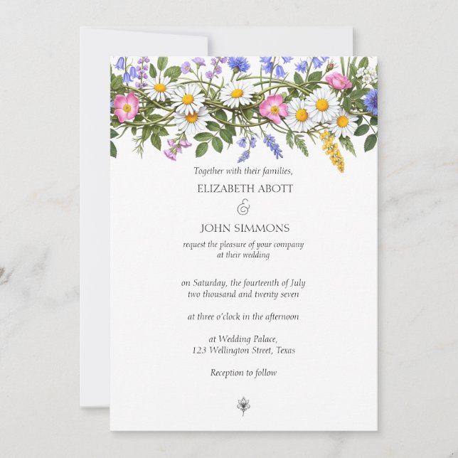 Invitation Aquarelle fleur sauvage Florale Mariage photo pers (Devant)