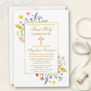 Invitation Aquarelle Fleur sauvage Gold Première communion