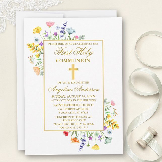 Invitation Aquarelle Fleur sauvage Gold Première communion (Customize to change text color, style, size or to add text to back of card.)