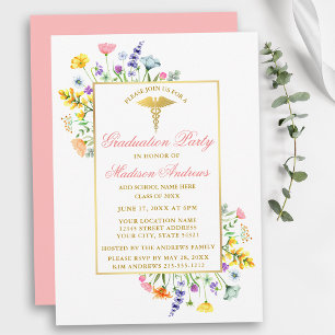 Invitation Aquarelle Fleur sauvage Gold Rose Nurse Graduation