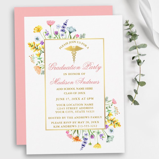 Invitation Aquarelle Fleur sauvage Gold Rose Nurse Graduation (Customize to change text size, color, text style or to change color of back of card.)