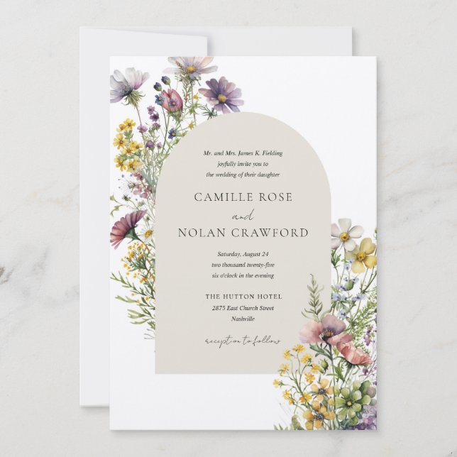 Invitation Aquarelle Fleur sauvage Jardin Arc Mariage Floral (Devant)