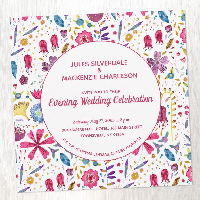 Invitation Aquarelle Fleur Sauvage Mariage de soirée Réceptio (Watercolor wildflower evening wedding reception invitation)