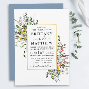 Invitation Aquarelle Fleur sauvage Mariage or Dusty Blue