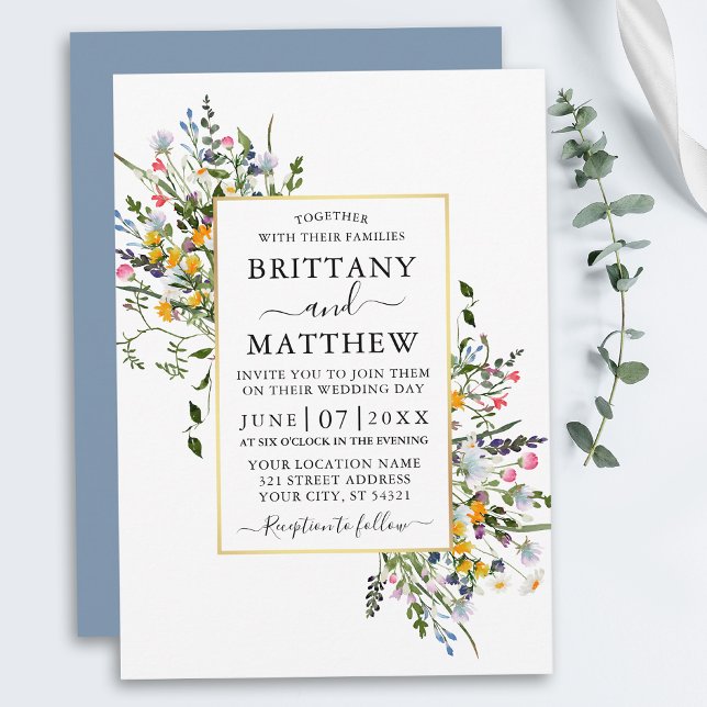 Invitation Aquarelle Fleur sauvage Mariage or Dusty Blue (Customize to change text color, style, add text & photos to back or change color of back of card.)