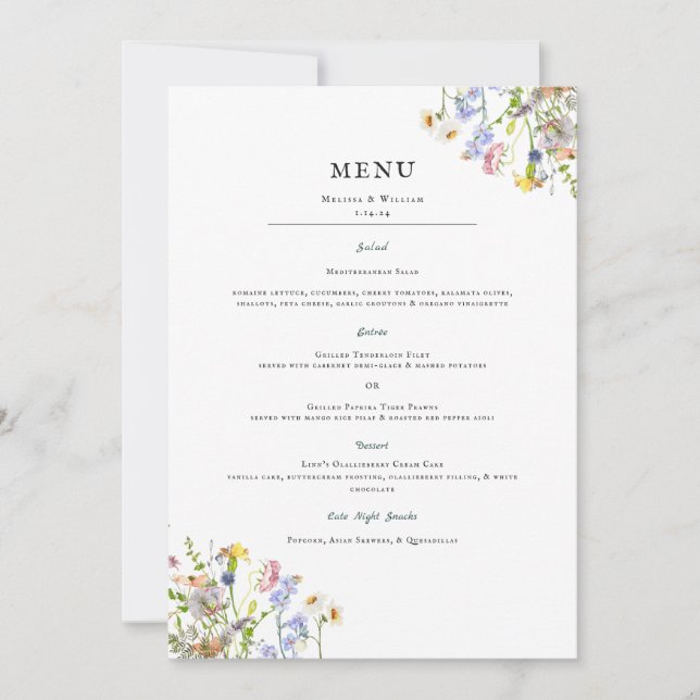 Invitation Aquarelle Fleur Sauvage | Menu Floral de Mariage  (Devant)