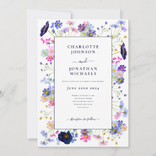 Invitation Aquarelle Fleur sauvage moderne bleu marine