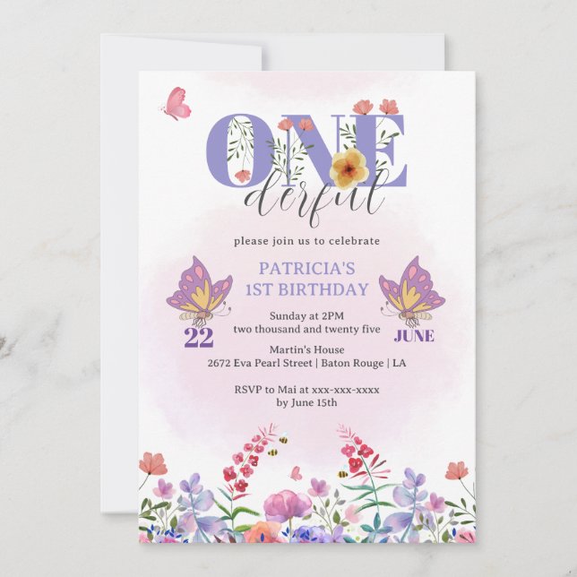 Invitation Aquarelle Fleur sauvage Onederful Butterfly Annive (Devant)