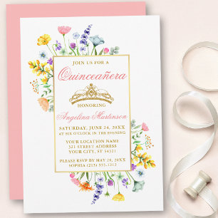 Invitation Aquarelle Fleur sauvage or rose Quinceanera