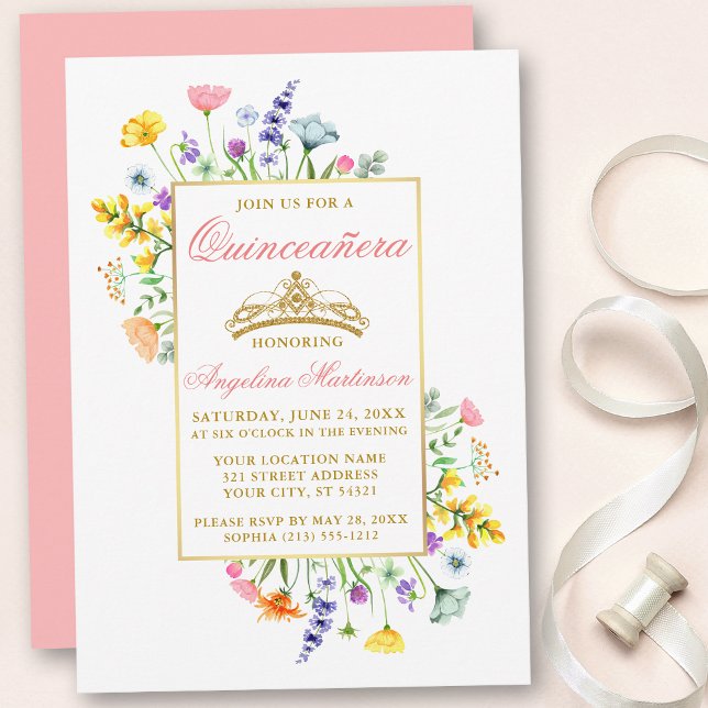 Invitation Aquarelle Fleur sauvage or rose Quinceanera (Customize to change text color, text style or color of back of card.)