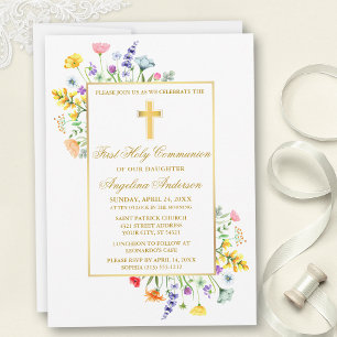 Invitation Aquarelle Fleur sauvage première communion or
