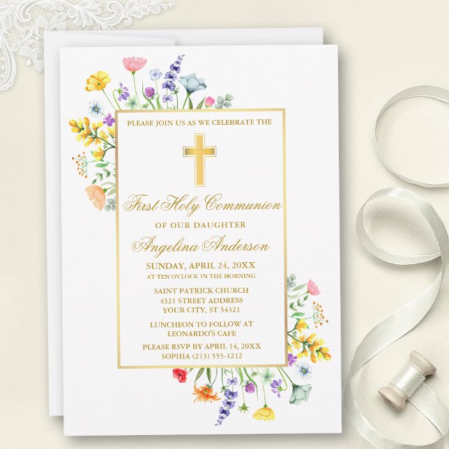 Invitation Aquarelle Fleur sauvage première communion or (Customize to change text color, size, style or to add photos or more text to back of card.)
