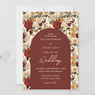 Invitation Aquarelle fleur sauvage profonde ivoire rouge arch