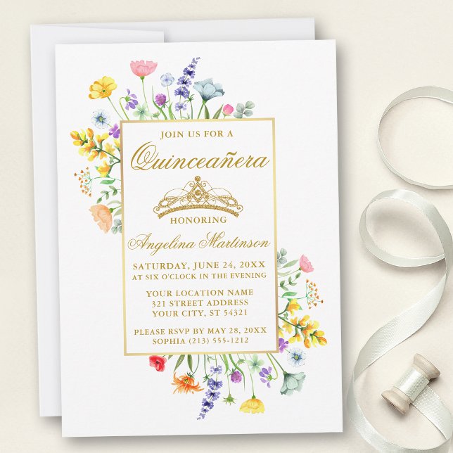 Invitation Aquarelle Fleur sauvage Quinceanera Or (Customize to change text color, style, size or to add text to back of card.)