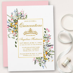 Invitation Aquarelle Fleur sauvage Quinceanera Rose Blush