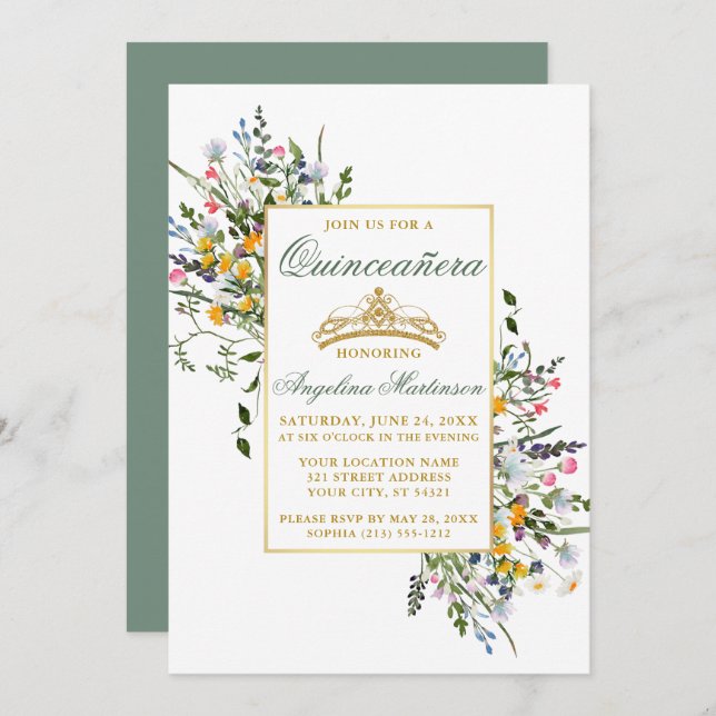 Invitation Aquarelle Fleur sauvage Quinceanera Sage Green (Devant / Derrière)
