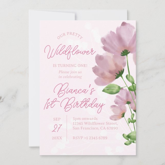 Invitation Aquarelle Fleur sauvage rose 1er anniversaire (Devant)