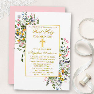 Invitation Aquarelle Fleur sauvage rose Blush Gold Communion