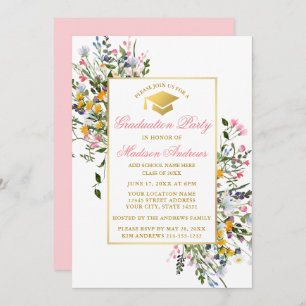 Invitation Aquarelle Fleur sauvage Rose Blush Gold Graduation
