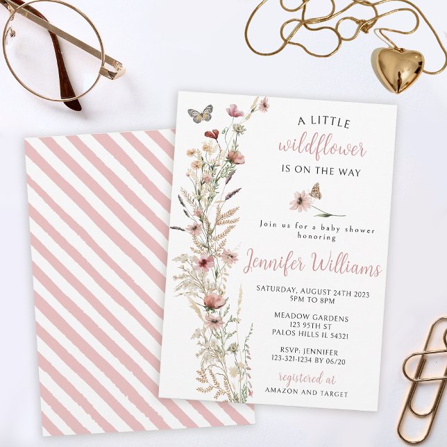 Invitation Aquarelle fleur sauvage rose d'or bébé douche (Créateur téléchargé)