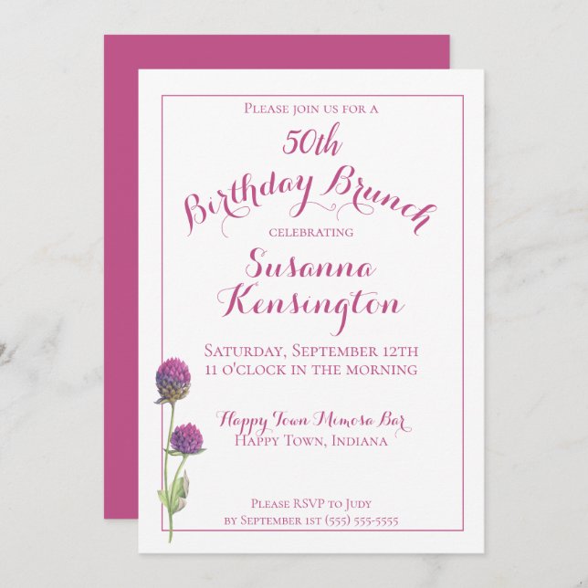 Invitation Aquarelle Fleur sauvage rose Floral Anniversaire B (Devant / Derrière)