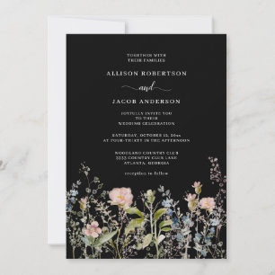 Invitation Aquarelle Fleur Sauvage Rose Floral Mariage Noir