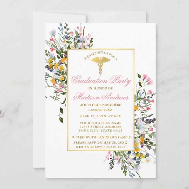 Invitation Aquarelle Fleur sauvage Rose Gold Nurse Graduation (Devant)