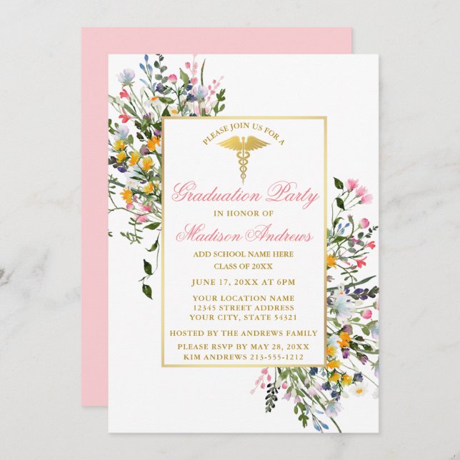 Invitation Aquarelle Fleur sauvage Rose Gold Nurse Graduation (Devant / Derrière)