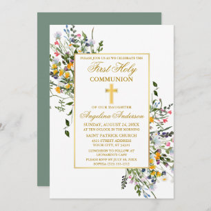 Invitation Aquarelle Fleur sauvage Sage Green Gold Communion