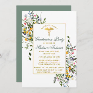 Invitation Aquarelle Fleur sauvage Sage Green Nurse Grad Part