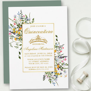 Invitation Aquarelle Fleur sauvage Sage Green Quinceanera