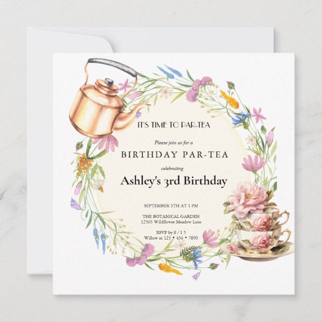 Invitation Aquarelle Fleur Sauvage |  Thé à la Fête (Devant)