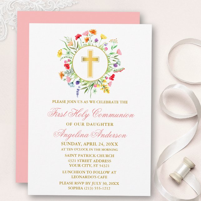 Invitation Aquarelle Fleur sauvage Wreath Gold Pink Communion (Customize to change text color, size, style or to change color of back of card.)