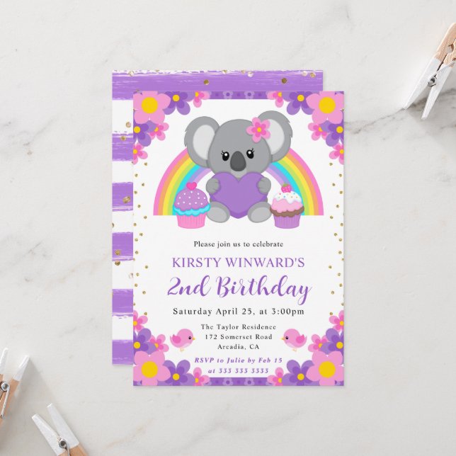 Invitation Aquarelle Fleurie Anniversaire Koala Printemps (Devant/Arrière en situation)