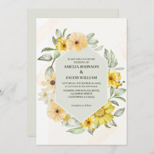 Invitation Aquarelle fleurie beurre jaune sauge vert mariage