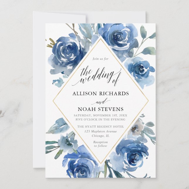 Invitation Aquarelle fleurie bleu blanc or mariage moderne (Devant)