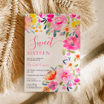 Invitation Aquarelle fleurie bohème rose rose doux 16<br><div class="desc">Aquarelle fleurie bohème Sweet 16 anniversaire invitation avec des fleurs vives peintes à la main rose, orange, fleurs jaunes et vert eucalyptus feuilles et indigo feuillage avec une police de brosse script moderne sur blanc. Invitation marié idéal pour le printemps et l'été, pour le thème de la fête du jardin...</div>