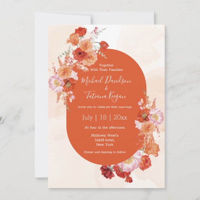 Invitation aquarelle fleurie botanique orange brun mariage (Devant)