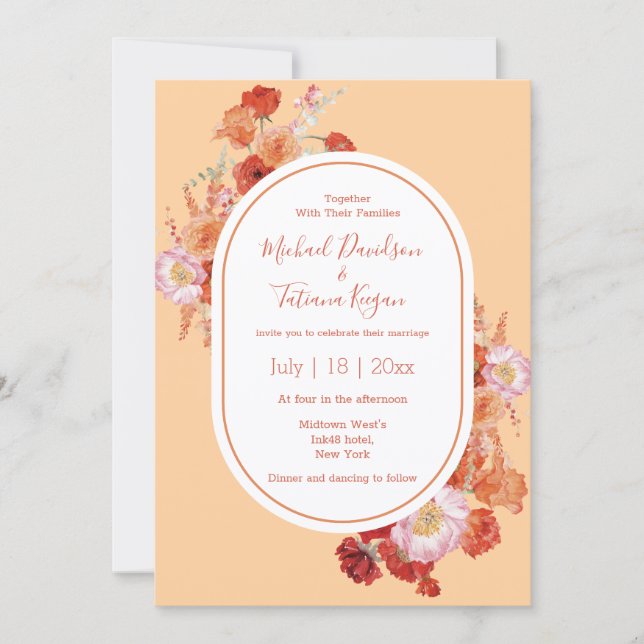 Invitation aquarelle fleurie botanique rouge orange mariage (Devant)