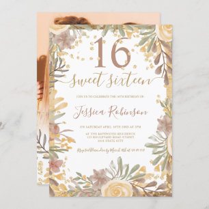Invitation Aquarelle fleurie en terre cuite dorée Sweet 16 ph