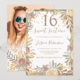 Invitation Aquarelle fleurie en terre cuite or Sweet 16 photo