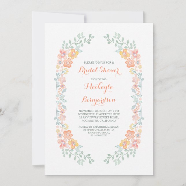 Invitation aquarelle fleurie mignonne couronne douche nuptial (Devant)