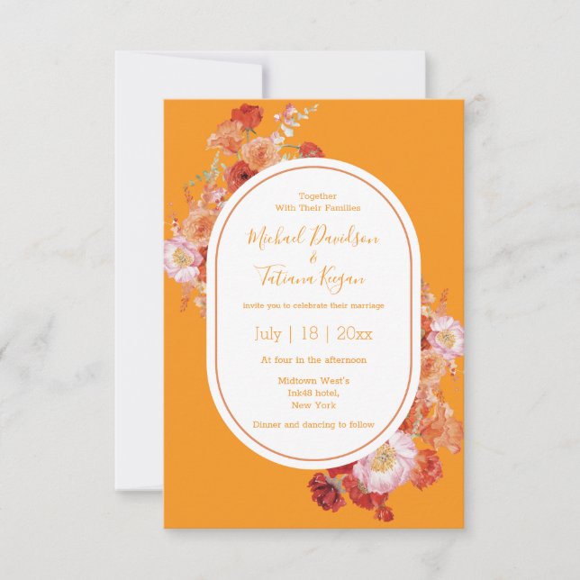 Invitation aquarelle fleurie rouge orange chic mariage (Devant)