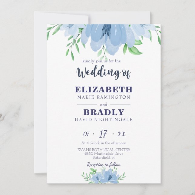 Invitation Aquarelle Fleurie Verdure Dusty Marine Mariage ble (Devant)