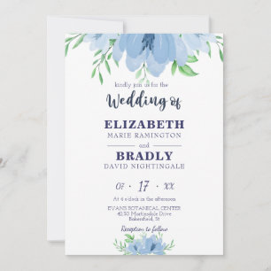 Invitation Aquarelle Fleurie Verdure Dusty Marine Mariage ble