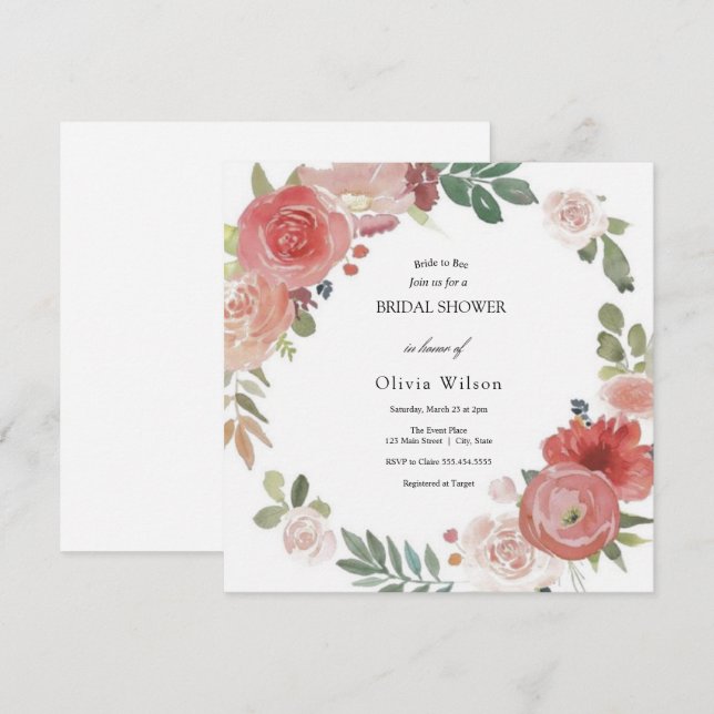 Invitation aquarelle fleurie verdure élégante douche nuptiale (Devant / Derrière)