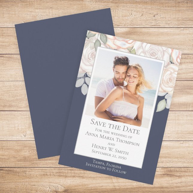 Invitation Aquarelle fleurie verte Enregistrer la date Bleu (Créateur téléchargé)