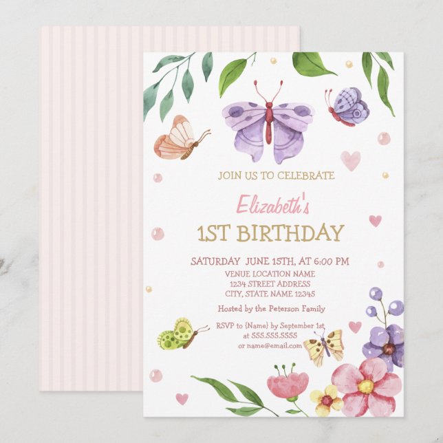 Invitation Aquarelle Fleuriste Papillon Rayé Anniversaire (Devant / Derrière)