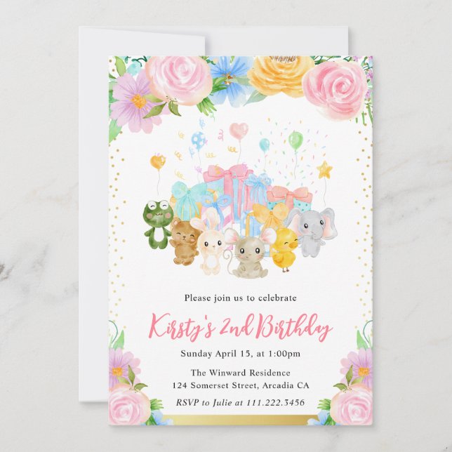 Invitation Aquarelle Fleurs Amis Animaux Mignons Anniversaire (Devant)